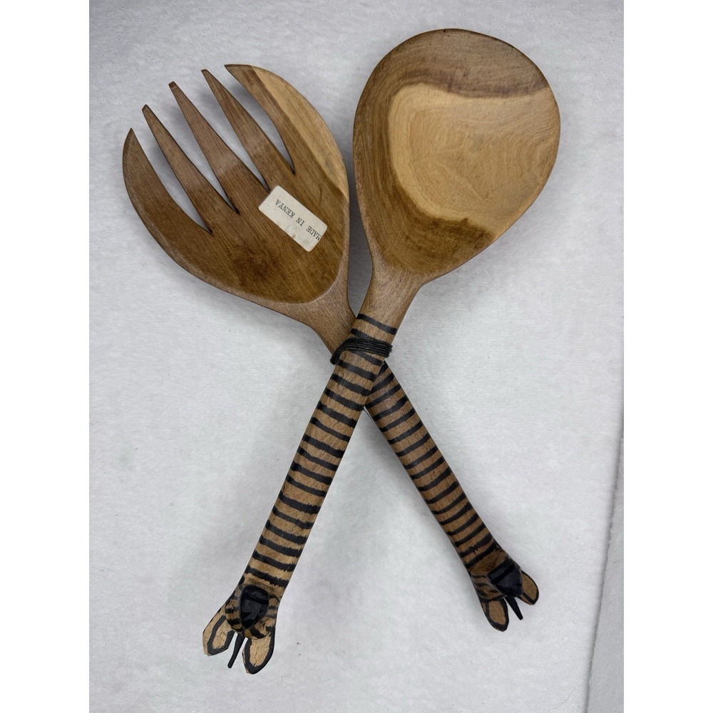 Vintage Hand Made Wooden African Zebra Spoon & Fork Salad Set Exquisitely Made